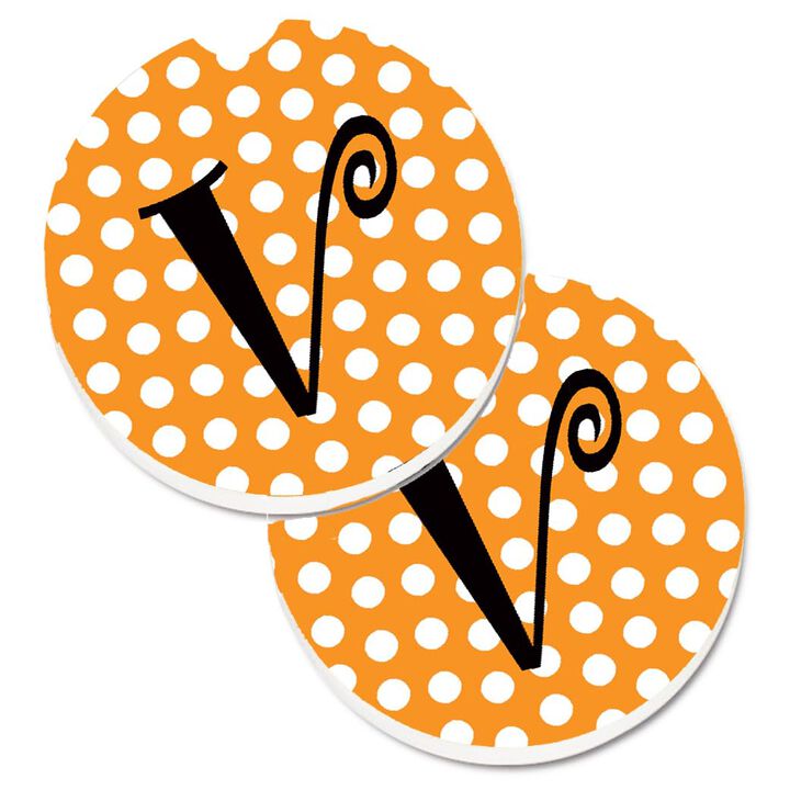 Caroline's Treasures Monogram Initial V Orange Polkadots Set of 2 Cup Holder Car Coasters CJ1033-VCARC, 2.56, Multicolor