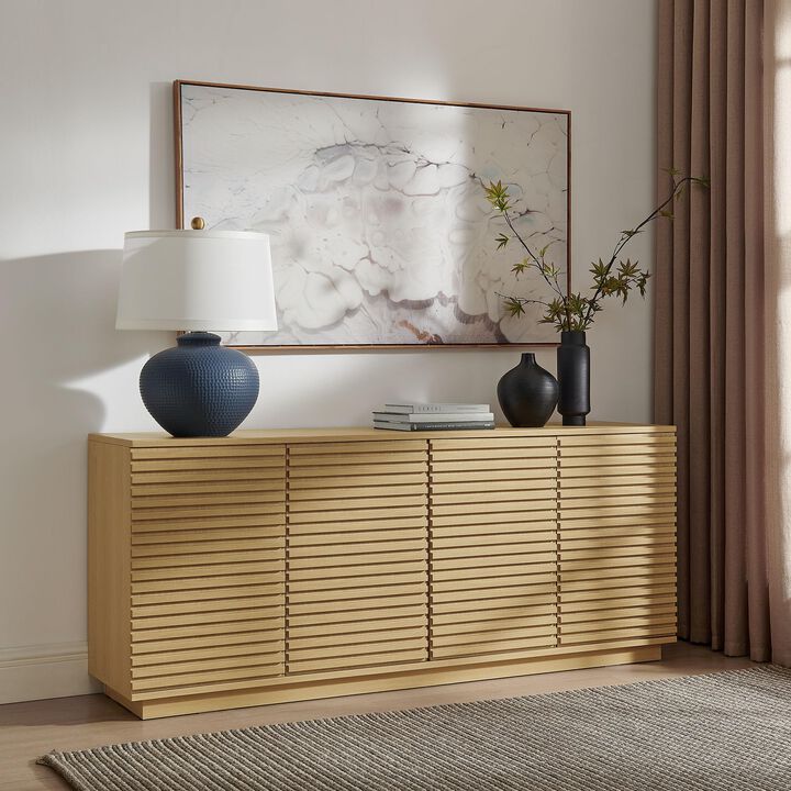 Modway Render 71 Inch Mid-Century Modern Sideboard Buffet Table in Oak &mdash; Fluted 4-Door Credenza Storage Cabinet &mdash; High TV Stand with Cable Management for Wall Mounted TVs
