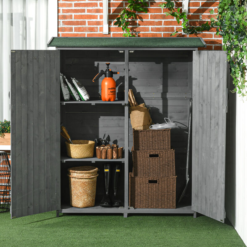 Outsunny Outdoor Storage Cabinet Wooden Garden Shed Utility Tool Organizer with Waterproof Asphalt Rood, Lockable Doors, 3 Tier Shelves for Lawn, Backyard, Grey