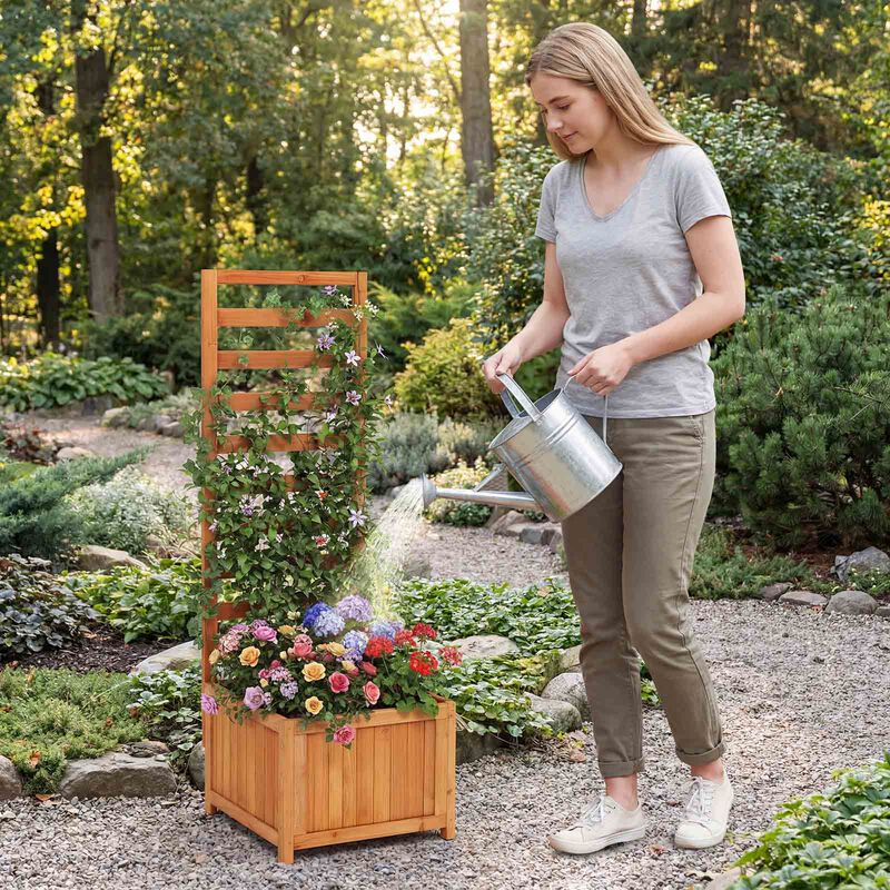 Wooden Raised Garden Bed with Built-In Trellis and Drainage Holes-Natural image number 7