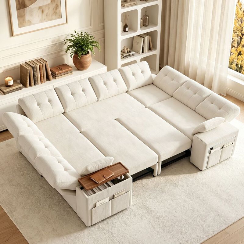Vipbear 112" U-Shaped 8-Seat Modular Chenille Sectional Sleeper Sofa, Pull Out Bed Reclining Couch image number 7