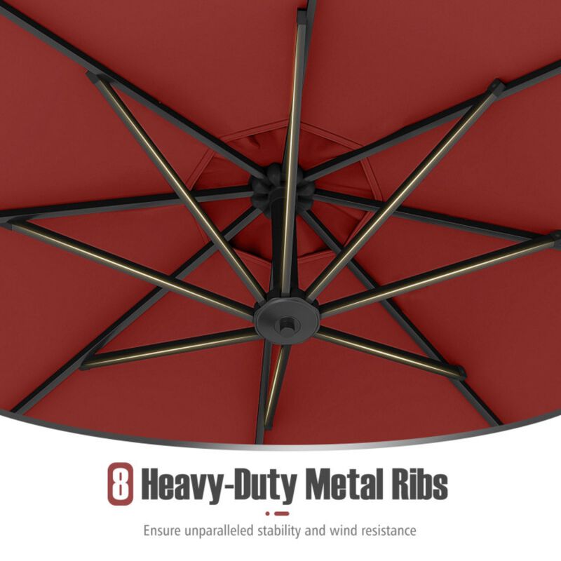 10 Feet Offset Hanging Umbrella with Base Patio Cantilever Umbrella with Tilt-Red image number 9