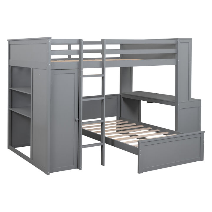 Full size Loft Bed with a twin size Stand-alone bed, Shelves,Desk,and Wardrobe-Gray
