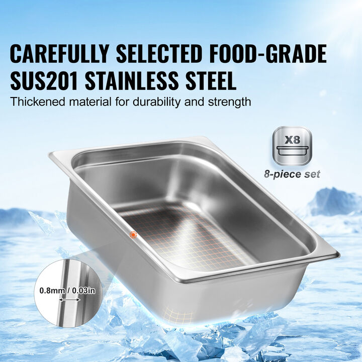 VEVOR 8 Pack 1/2 Size Hotel Pans Steam Table Pan Stainless Steel 4" Deep Lid