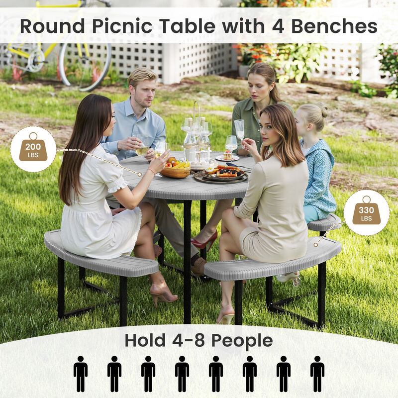 Round Picnic Table Set with 4 Benches and Umbrella Hole &ndash; Outdoor Patio Dining