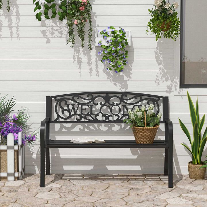 Outdoor Patio Bench: 50" 2-Person Garden Bench Loveseat with Cast Iron Decorative Welcome Vines, for Backyard, Porch, Entryway
