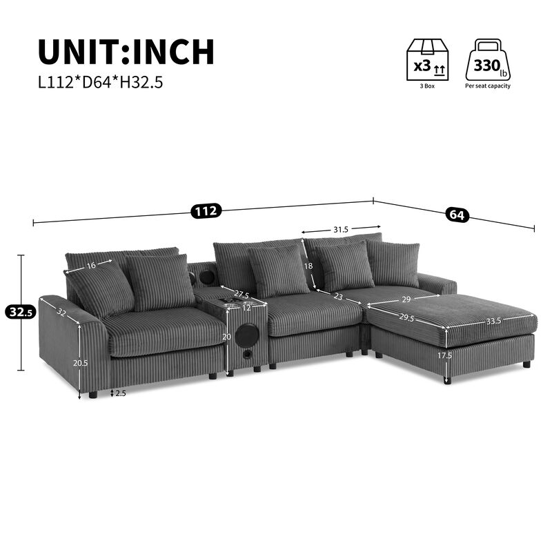 Whisen Corduroy Sectional Sofa with Bluetooth Speakers,Built-in Charging Console,Storage Ottoman,and Wide Seat Cloud Couch image number 9