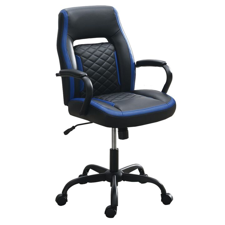 Ida 26 Inch Ergonomic Office Chair, Faux Leather Swivel Seat, Black, Blue-Benzara