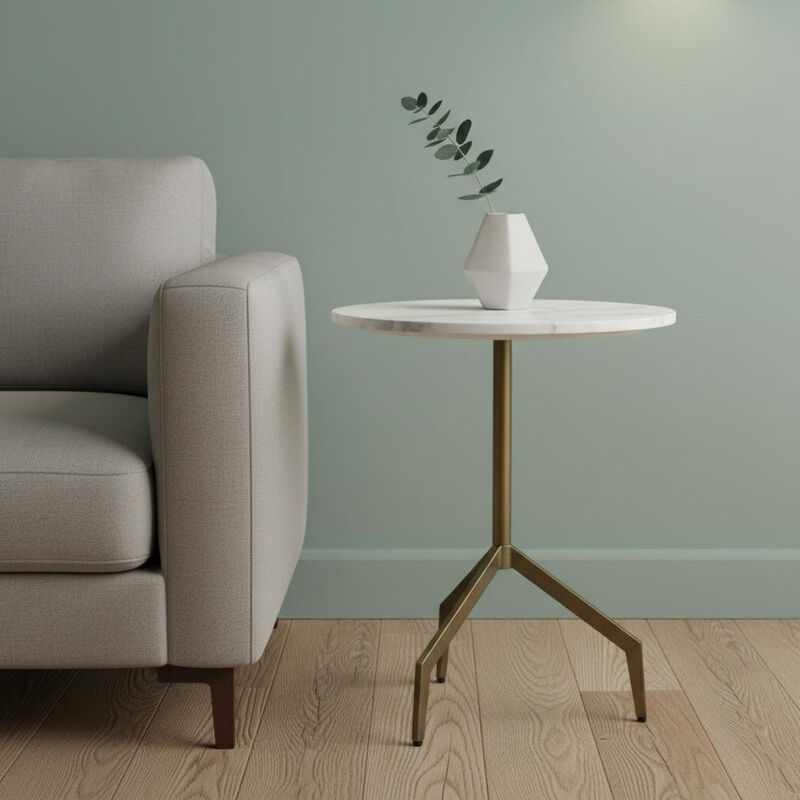 HomeRoots 20" White and Gold Stone and Iron Oval End Table image number 1