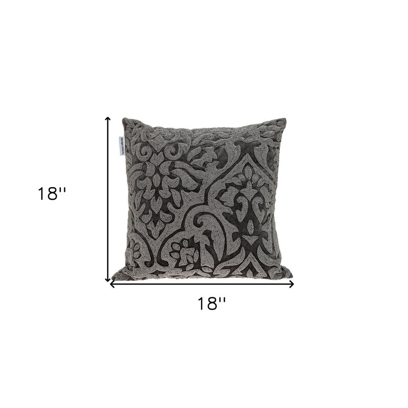 HomeRoots 18" Gray and Silver Damask Velvet Throw Pillow With Beads image number 4