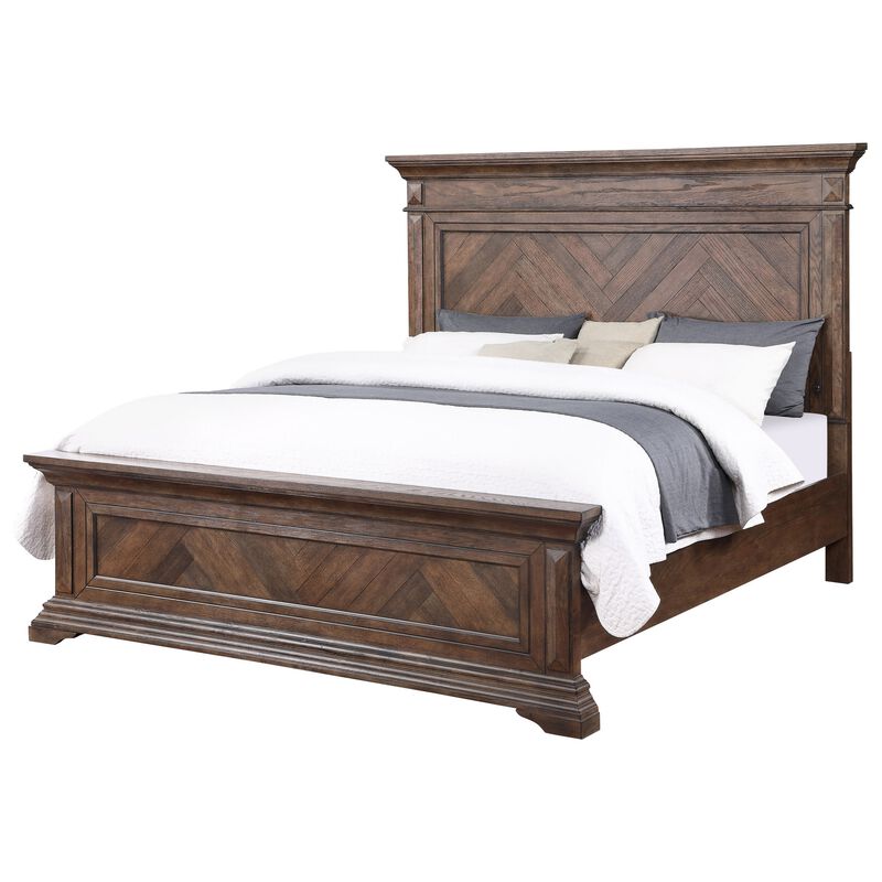 Marv King Size Bed, Parquet Pattern, Traditional Style, Brushed Brown Wood - Benzara