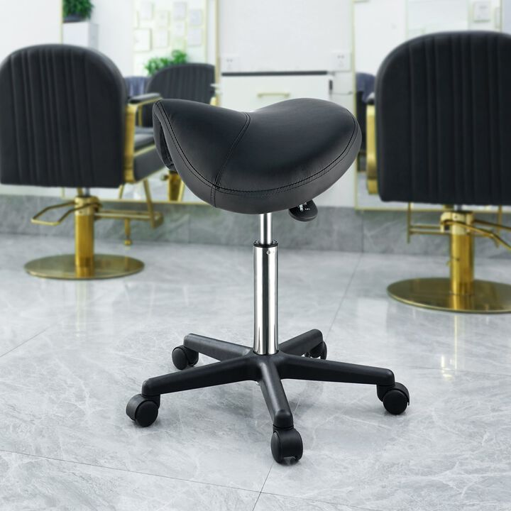 Ergonomic Saddle Stool with Wheels, Swivel PU Leather Seat for Spa, Clinic & Tattoo Studio-Black