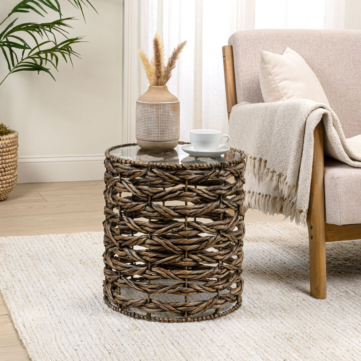 Malaya Bohemian Coastal Handwoven Water Hyacinth Open Weave Round End Table with Glass Top