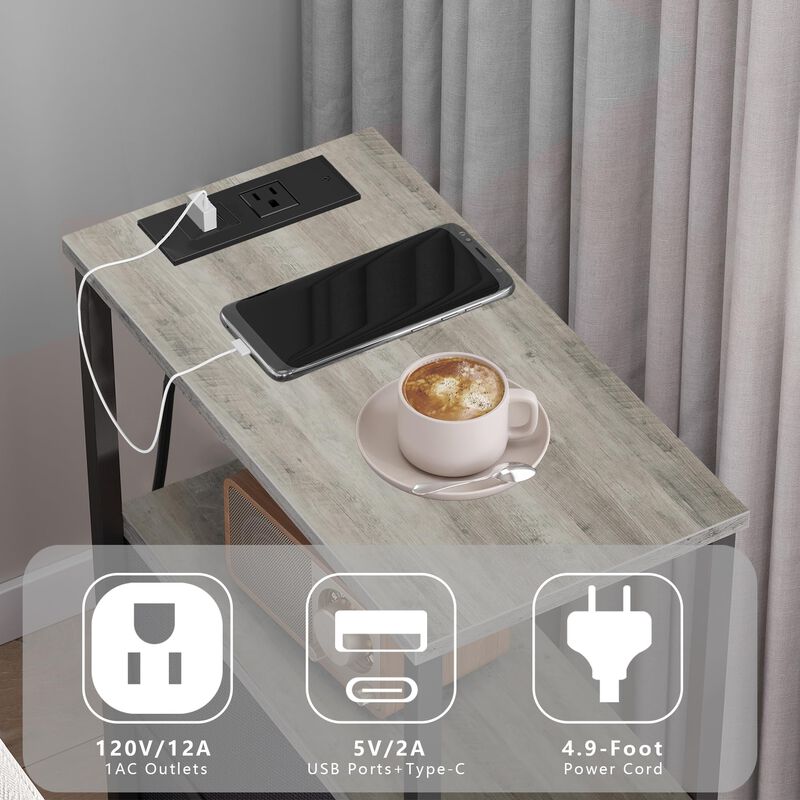 TUTOTAK Small Narrow End Table with Charging Station, Set of 2, Side Table with Outlets, Nightstand with 2 Cloth Drawers, Couch