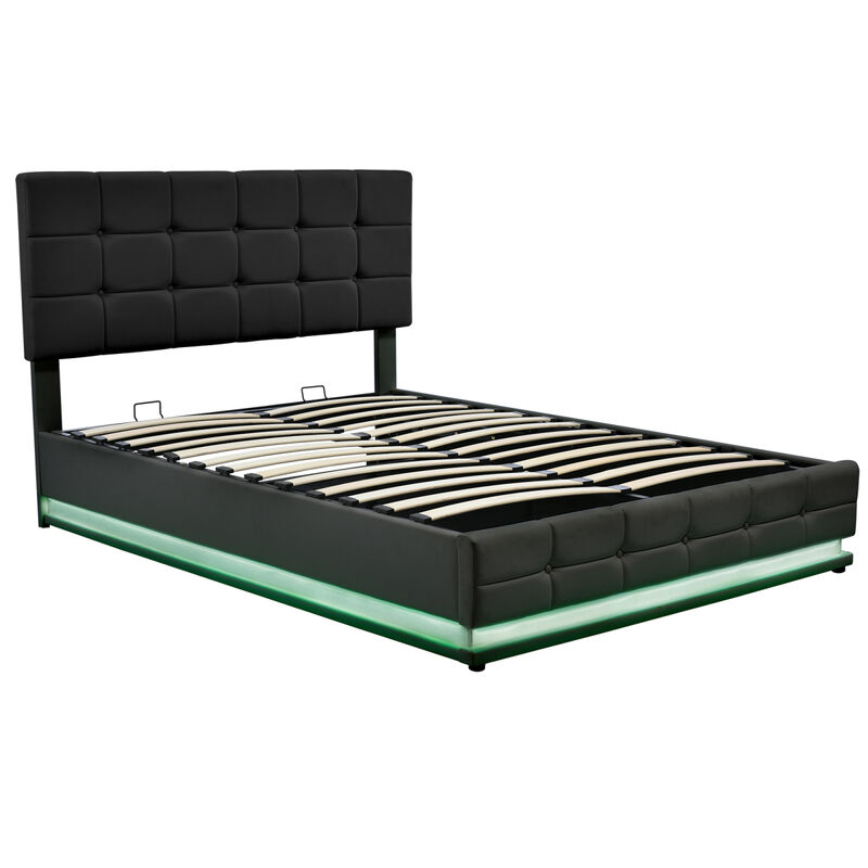 Tufted Upholstered Platform Bed with Hydraulic Storage System,Queen Size PU Storage Bed with LED Lights and USB charger, Black