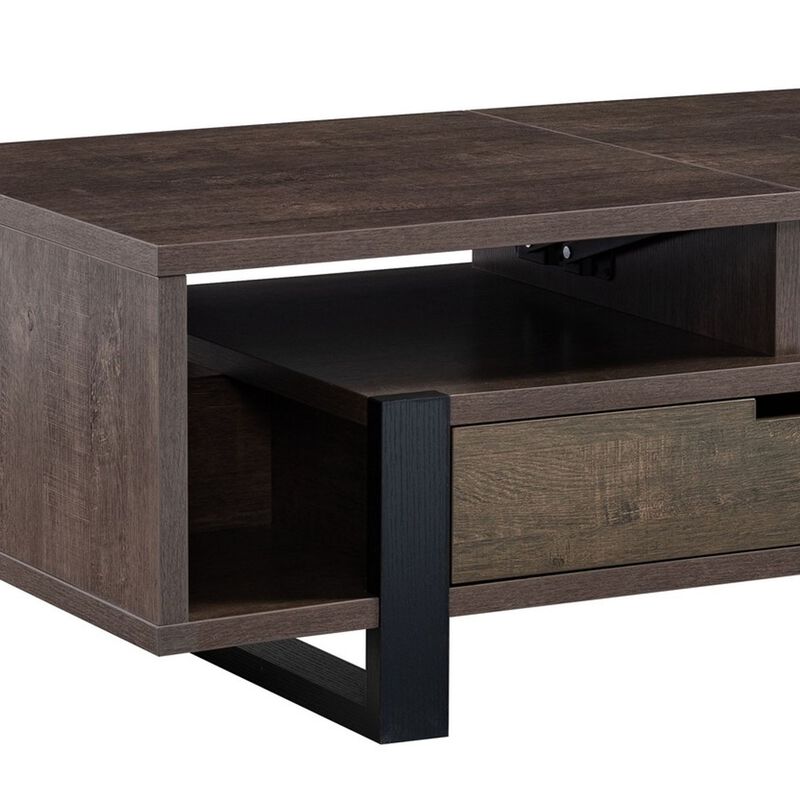 47 Inch Modern Coffee Table, 1 Drawer, 4 Shelves, Half Lift Top, Brown-Benzara