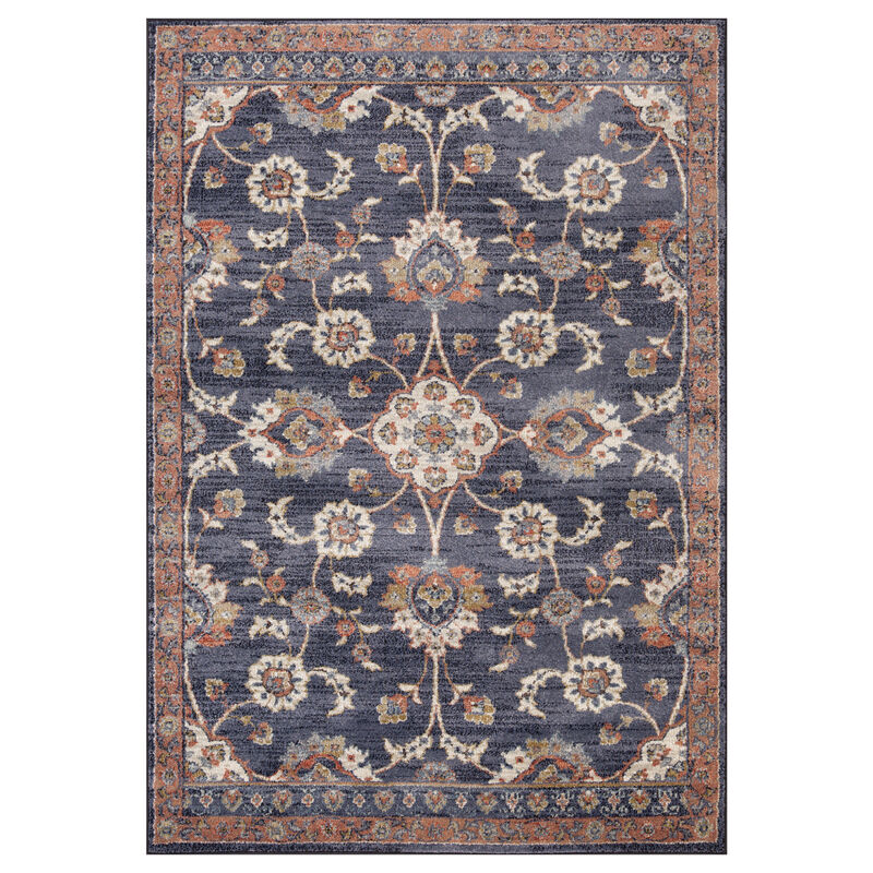 8 x 10 Navy Blue Floral Power Loom Area Rug With Fringe