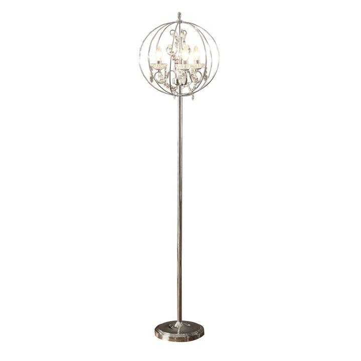 Shine 61 Inch Floor Lamp, Chandelier Style, Crystal and Metal, Chrome-Benzara