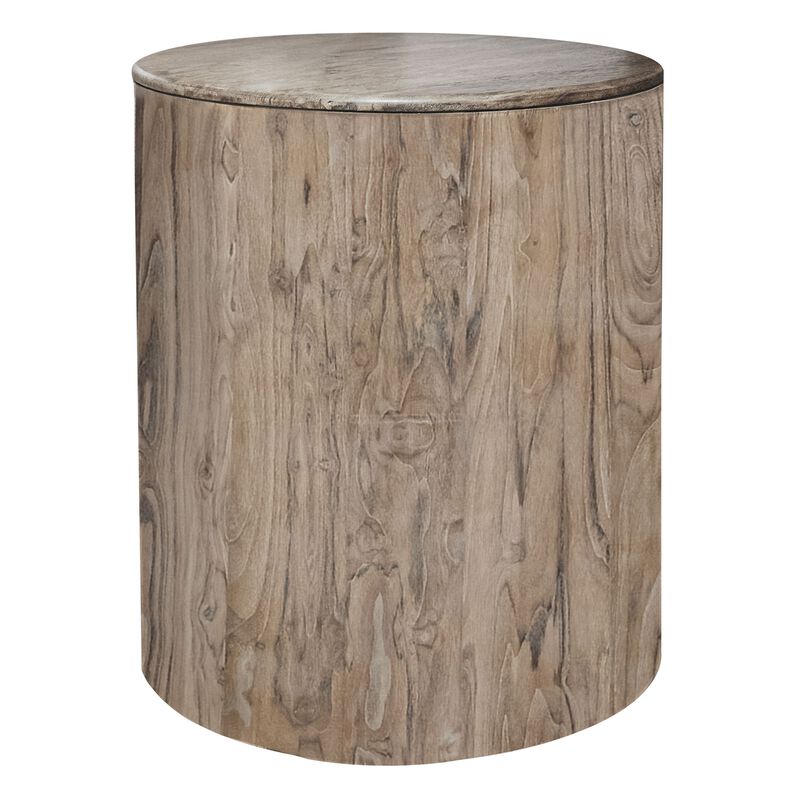 Eray Chairside Table, Drum Shape, Light Brown Teak, Mango Wood, 18 In image number 0