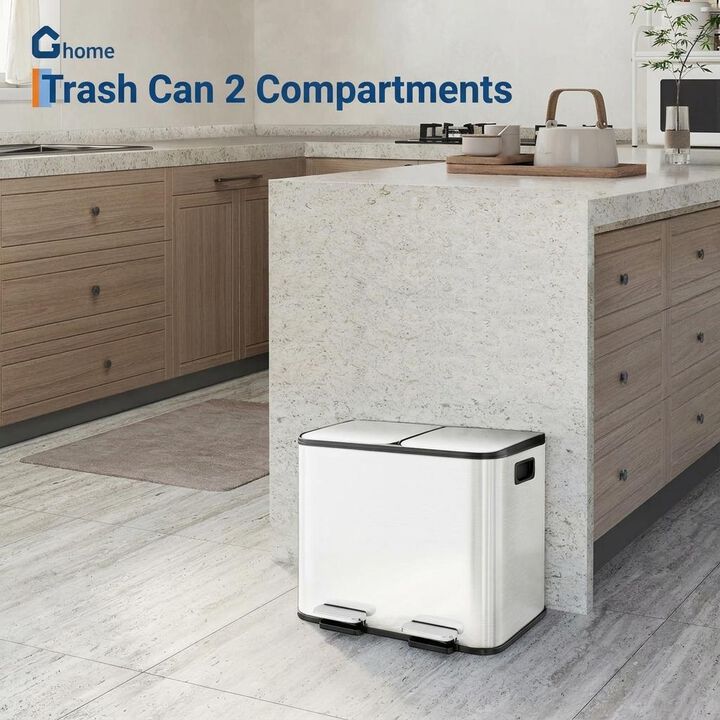 Stainless Steel Dual Compartment Trash Can. 2x15L Removable Buckets, Soft-Close Lid, Touchless pedal
