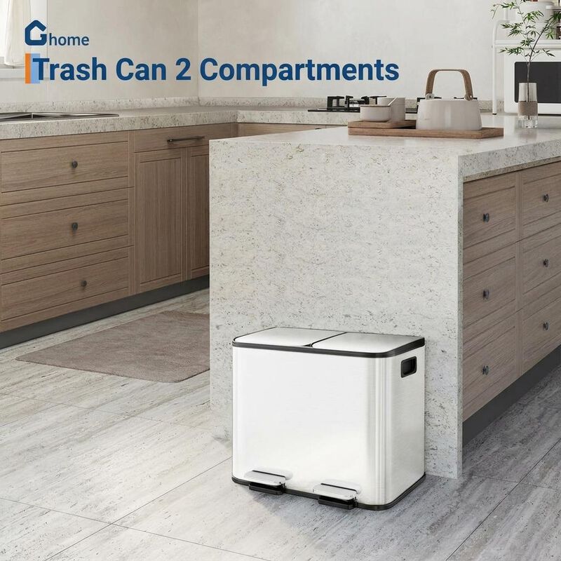 Stainless Steel Dual Compartment Trash Can. 2x15L Removable Buckets, Soft-Close Lid, Touchless pedal image number 1