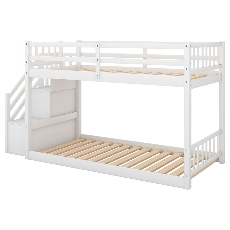 Whisen Twin over Twin Floor Bunk Bed, Ladder with Storage