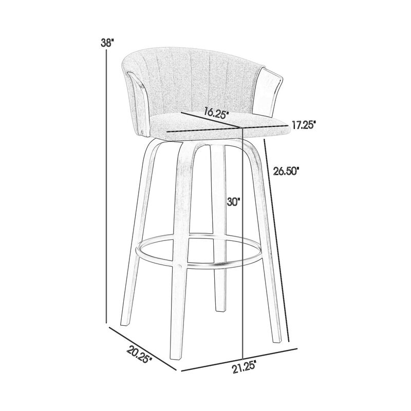 Oja 30 Inch Swivel Barstool Chair, Light Gray Fabric, Curved, Black Wood - Benzara