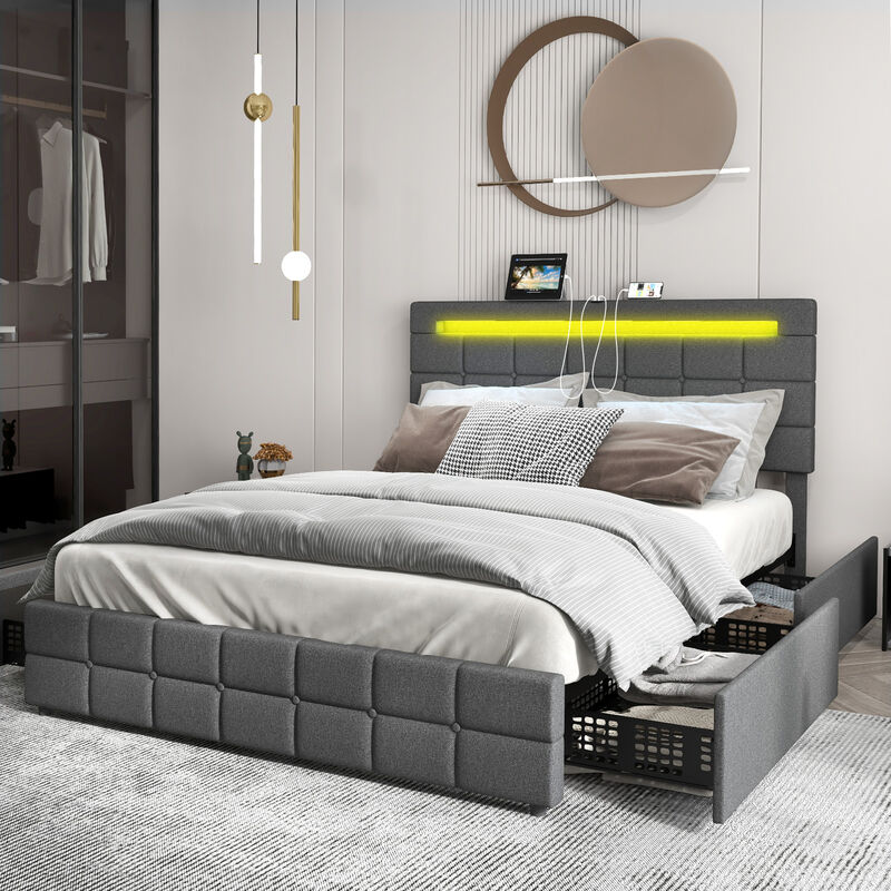 Upholstered LED Bed Frame with Headboard and 4 Drawers image number 3