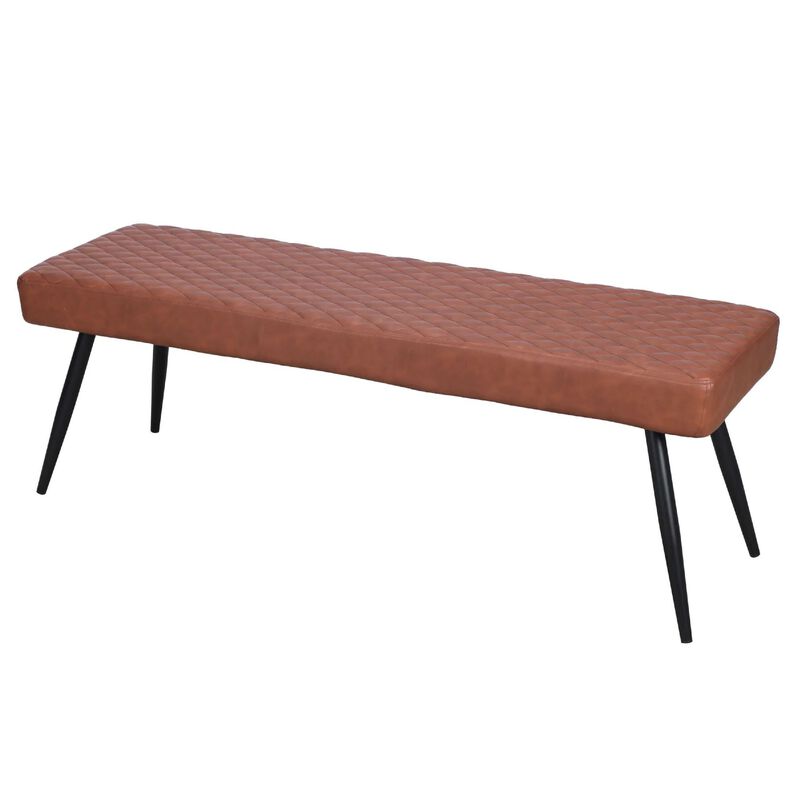 Lopi Dining Bench, 54 Inch Cognac Brown Faux Leather Seat, Metal Legs