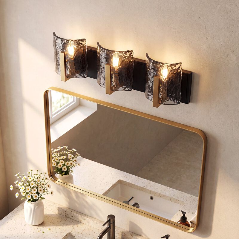 Brass Bathroom Vanity Light, Three-Light Smoky Gray Ripple Glass image number 4