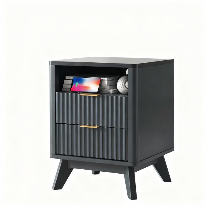 Fluted Nightstand with Charging Station, USB & AC Outlets, 2 Drawers