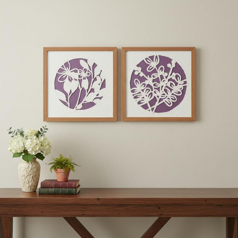 HomeRoots Set Of Two Purple And White Floral Brown Framed Wall Art image number 1