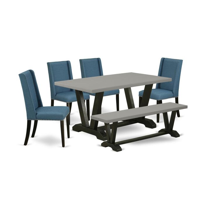 East West Furniture 6-Piece Beautiful Modern Dining Table Set an Excellent Cement Color Dining Table Top and Cement Color Indoor Bench and 4 Beautiful Linen Fabric Kitchen Chairs with Nail Heads and S
