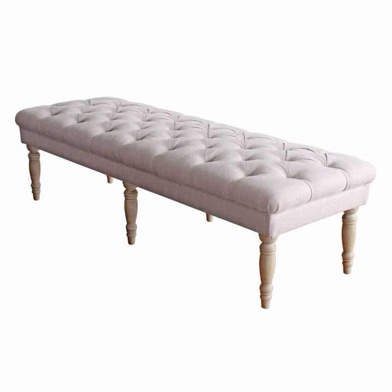 Wooden Bench with Button Tufted Fabric Upholstered Seat and Turned Legs, Cream - Benzara