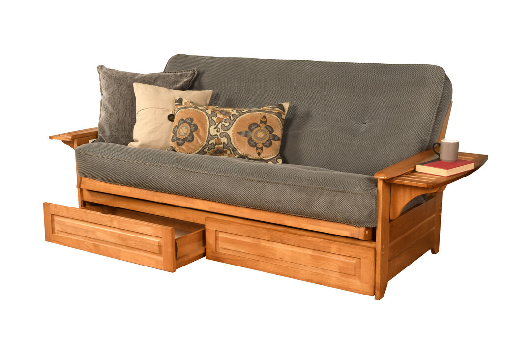 Phoenix Frame in Butternut Finish includes Marmont Thunder Mattress and Storage Drawers