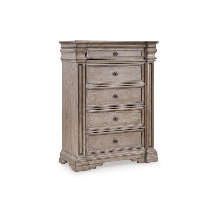 Blaie Tall Dresser Chest, 5 Drawer, 68 Inch Taupe Brown Solid Hardwood - Benzara