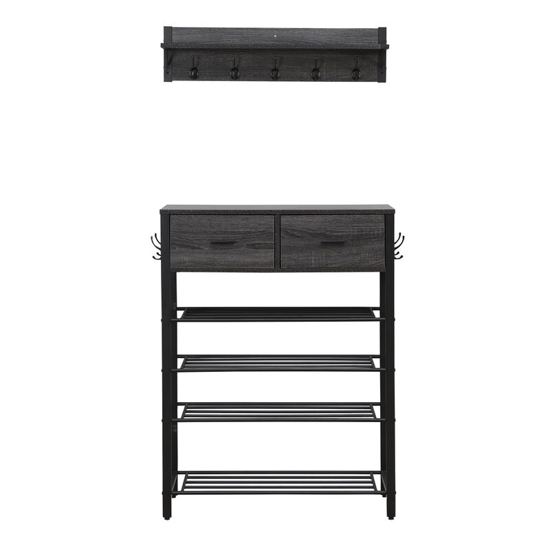 Entryway 4-tier Shoe Shelf with Two Drawers and Coat Rack, One Set Entryway Shoe Rack with Storage and Hooks