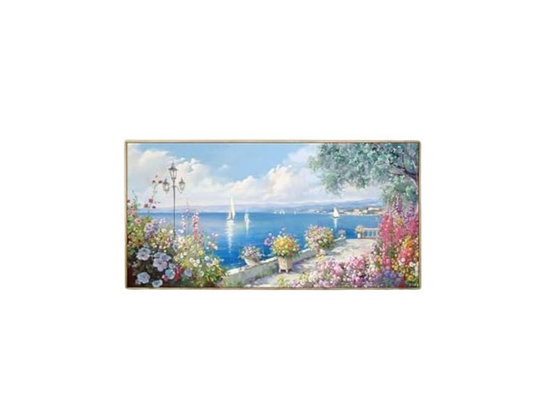 Large Coastal Wall Art Ocean Seascape Canvas Yellow Green Flowers Landscape Room image number 0