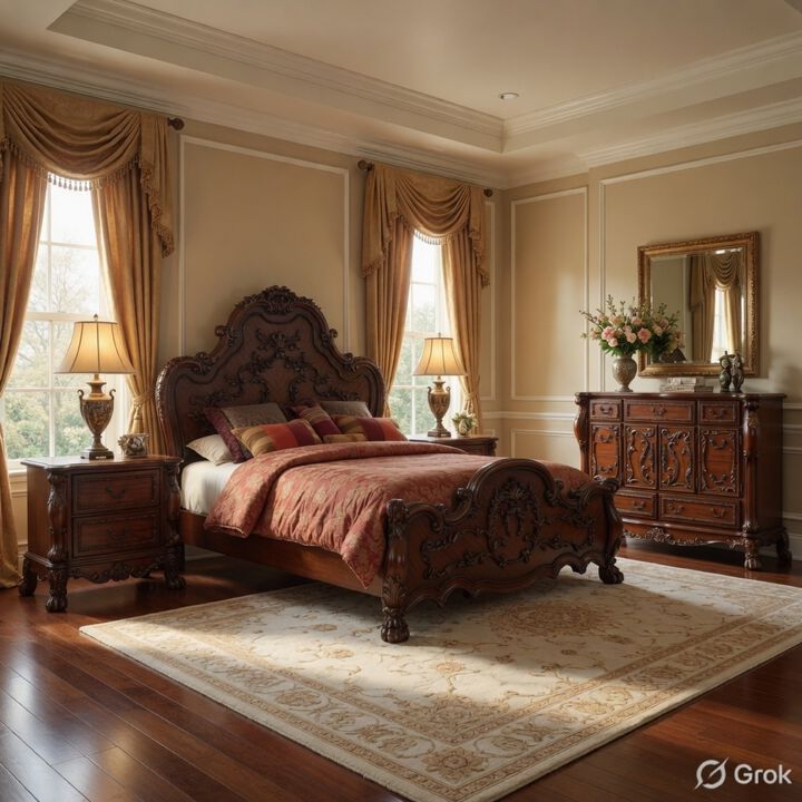 Queen Size Bedroom Set, Traditional Carved Wood Design, Brown Finish, 4-Piece Set with Bed, Nightstands and Dresser