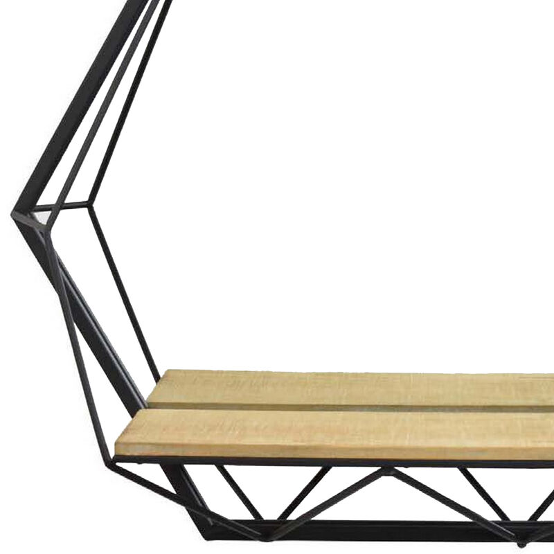 24 Inch Wall Mirror with Shelf, Hexagon Shaped, Metal, Black Finish - Benzara