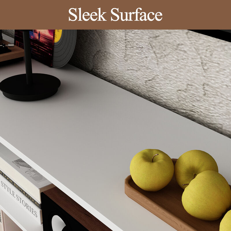 FUFU&GAGA 102-inch Modern TV Media Cabinet with Glass Cabinet Doors, Open Shelves, and Drawers, Made of White PB Board (102 in. W x 14.6 in. D x 78.2 in. H)