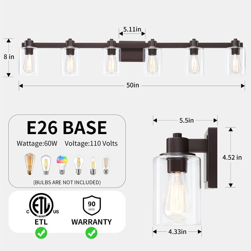 50" 6-Light Dimmable Indoor Wall Sconce with Clear Glass Shades image number 2