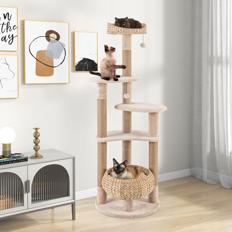 59" Cat Tree for Indoor Cats with Perch, Soft Hammock & Scratching Posts