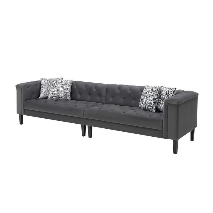 Aki 120 Inch Modern 4 Seater Sofa, Deep Button Tufting, Gray Velvet Fabric-Benzara