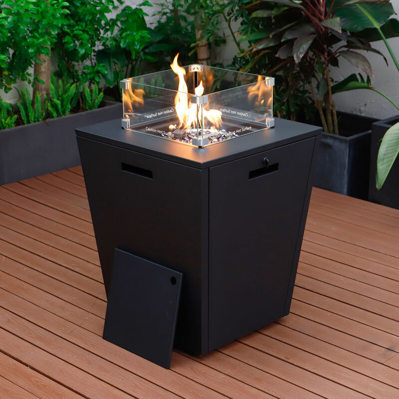 LeisureMod Marlin Modern Black Aluminum Outdoor Patio Chaise Lounge Chair in Black Frame with Square Fire Pit Side Table