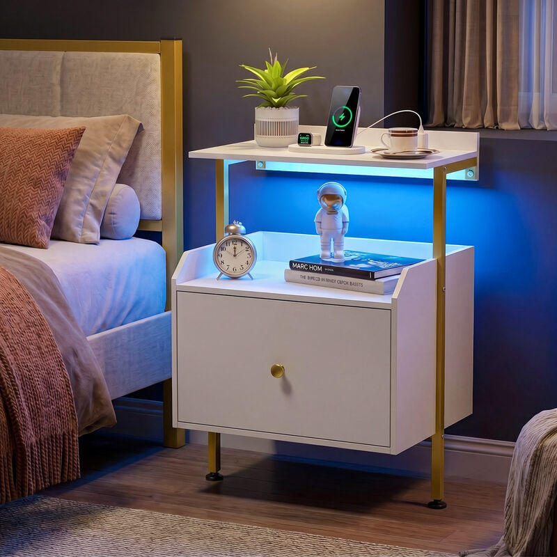 Wall-Mounted Nightstand with LED Lights and Charging Station for Bedroom image number 1