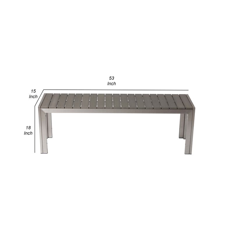 Theo 53 Inch Outdoor Bench, Gray Aluminum Frame, Plank Style Seat Surface-Benzara