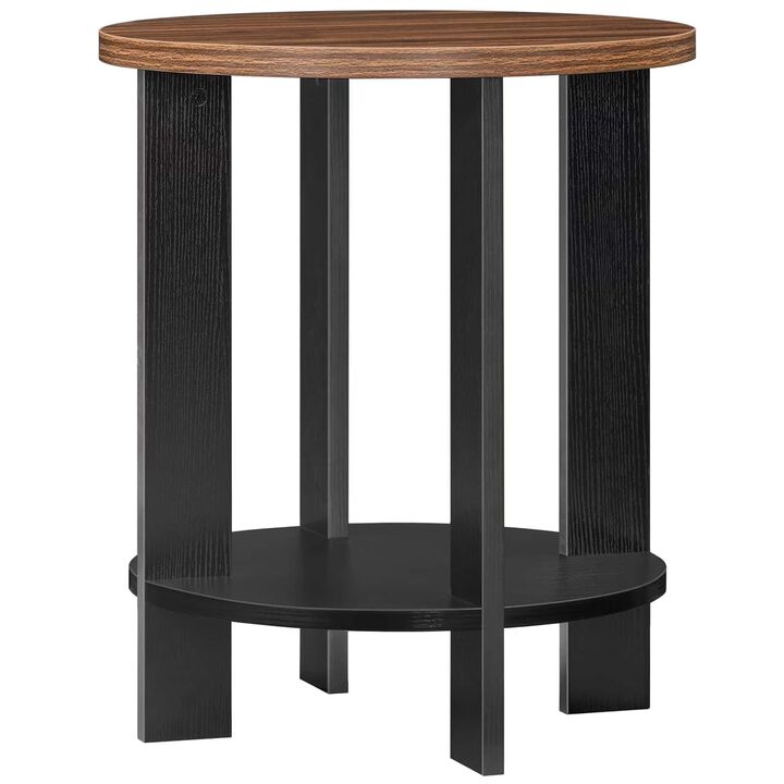 Farmhouse End Table with Two-Tier Storage Shelf and Round Design-Brown