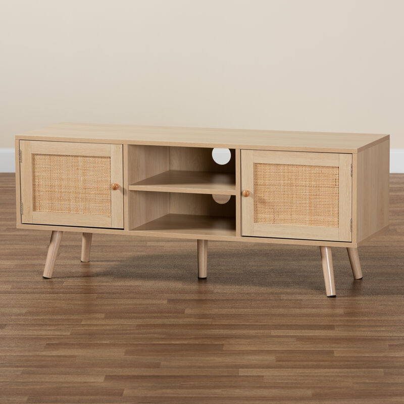 Baxton Studio Sebille  Light Brown Finished Wood 2 Door TV Stand with Natural Rattan image number 8