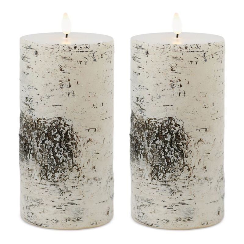 Set of 2 Birch Bark Pillar Candles – LED Flameless Wick Candles with Realistic Glow, Battery Operated for Home or Seasonal Display
